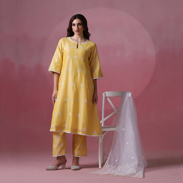 Orange Chanderi Aari Embroidered Kurta Set