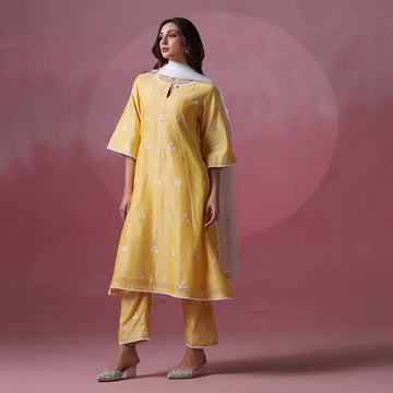 Orange Chanderi Aari Embroidered Kurta Set
