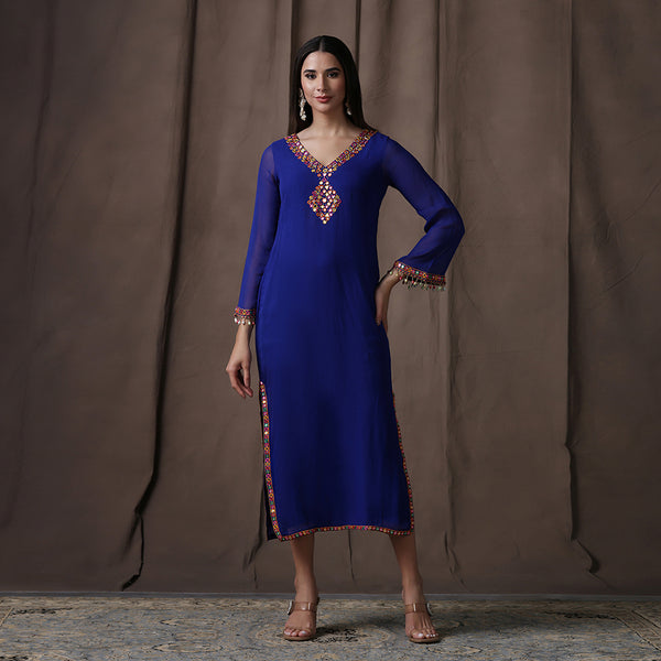 Bright Blue Mirror Embroidered Kurti