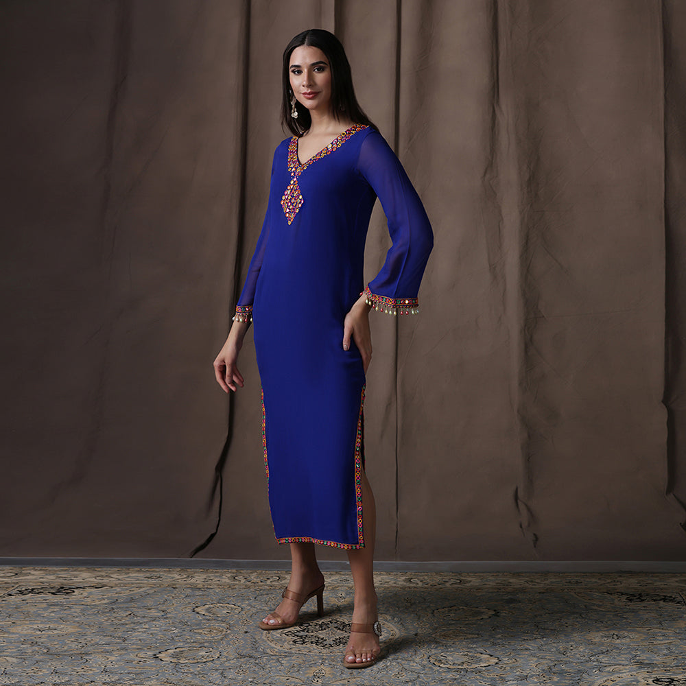 Bright Blue Mirror Embroidered Kurti