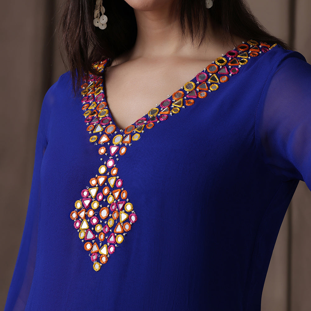Bright Blue Mirror Embroidered Kurti