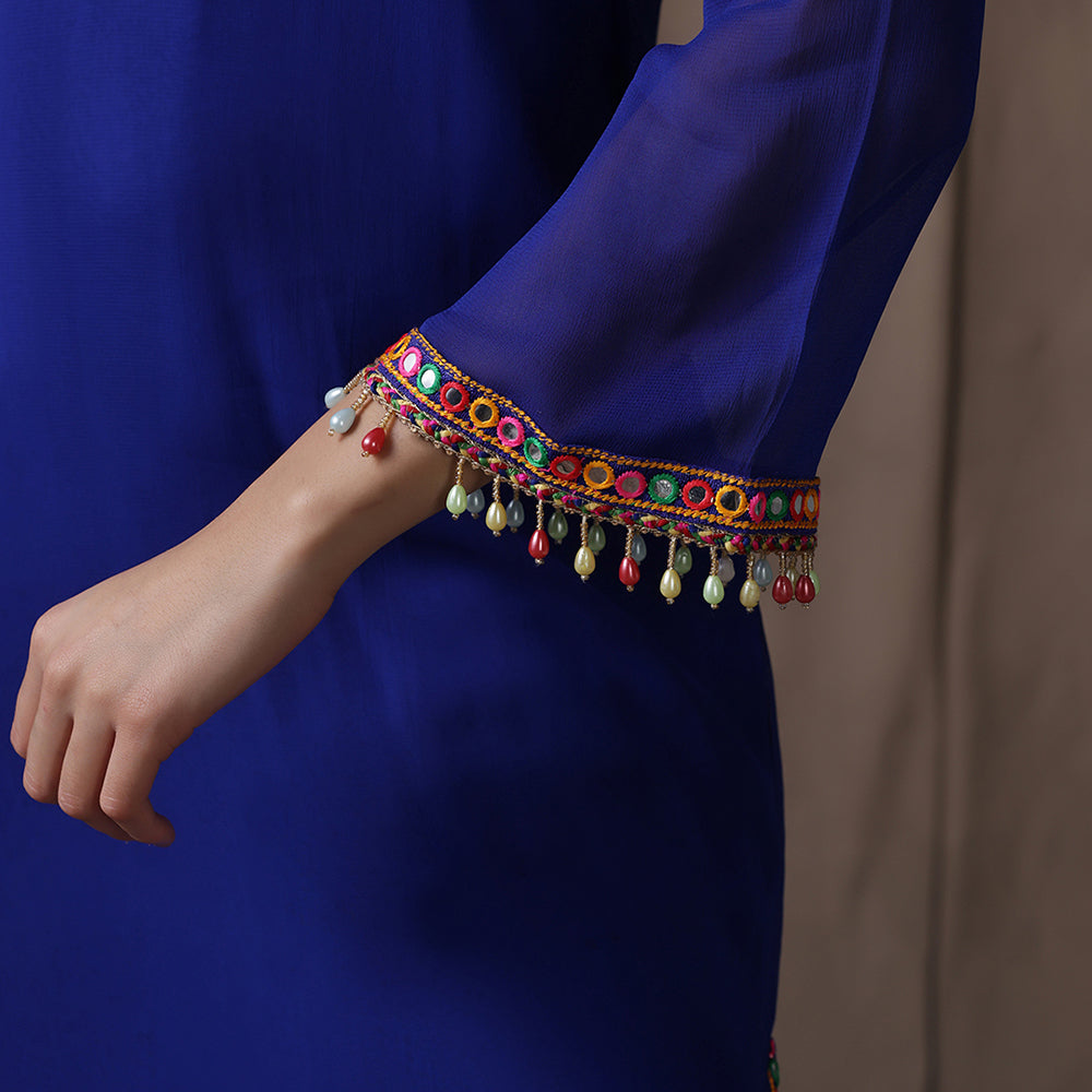 Bright Blue Mirror Embroidered Kurti