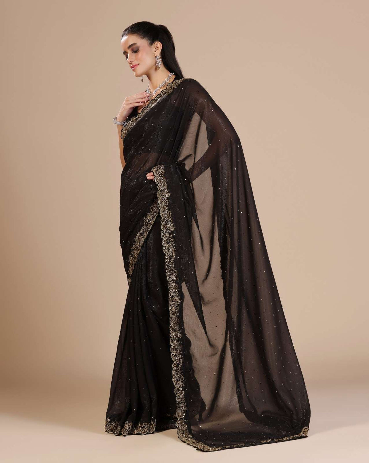 Black Chiffon Lurex Embroidered Saree