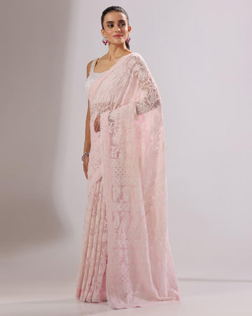 Peach Pink Georgette Chikankari Saree