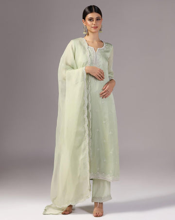 Luxury Pista Green Organza Kurta Set with Intricate Embroidery