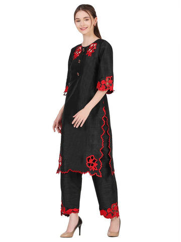 Classic Black Dupion Silk Thread Work Co-ord Set