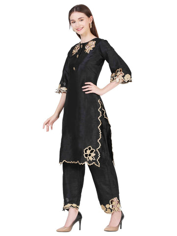 Classic Black Dupion Silk Thread Work Co-ord Set