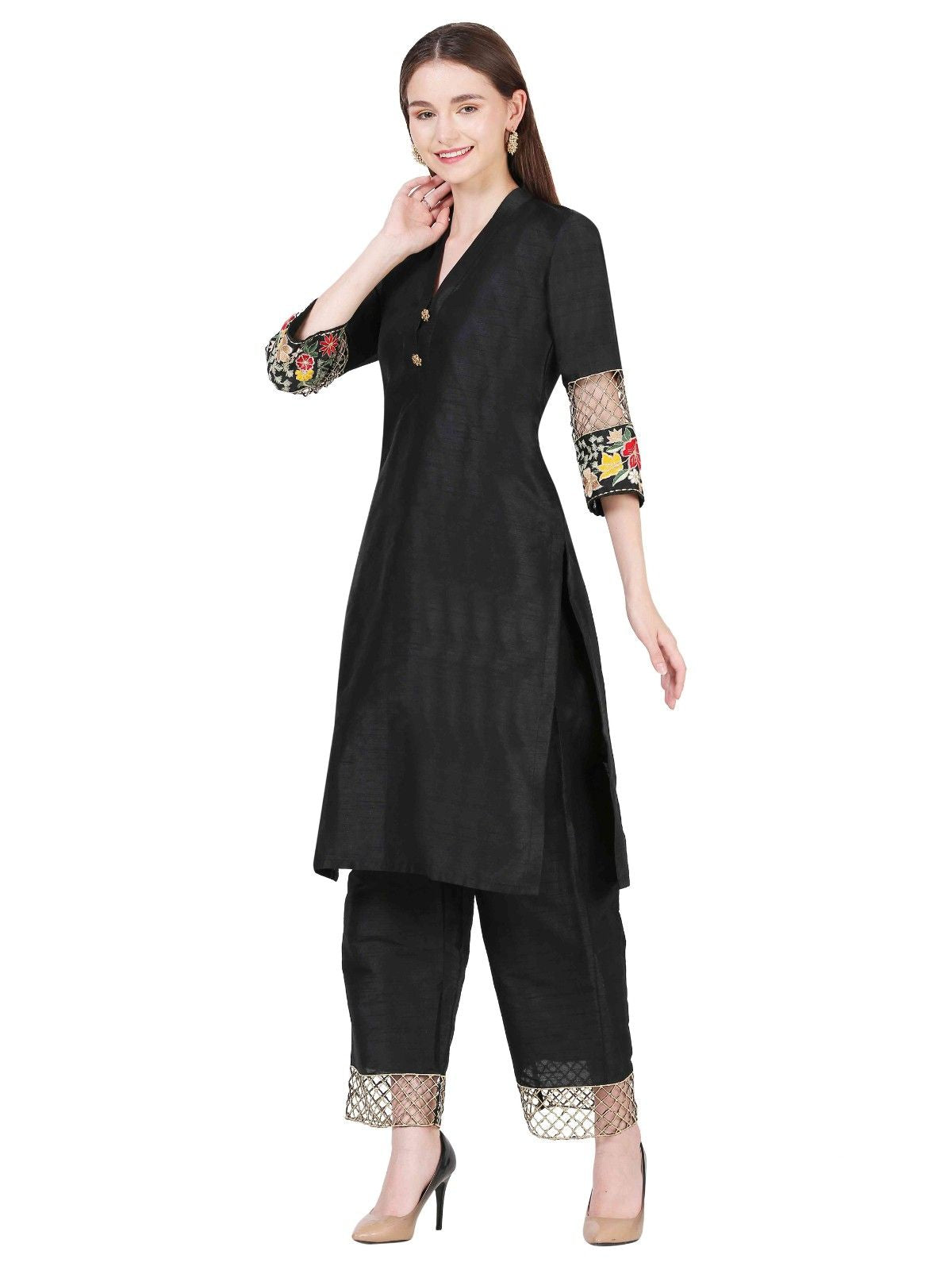 Luxury Black Dupion Silk Co-ord Set With Intricate Work
