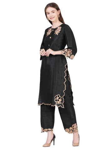 Classic Black Dupion Silk Thread Work Co-ord Set