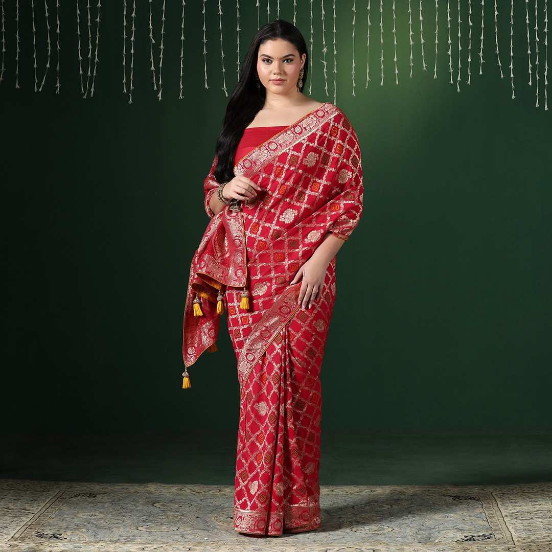 Hot Pink Bandhani Georgette Saree with Unstitched blouse