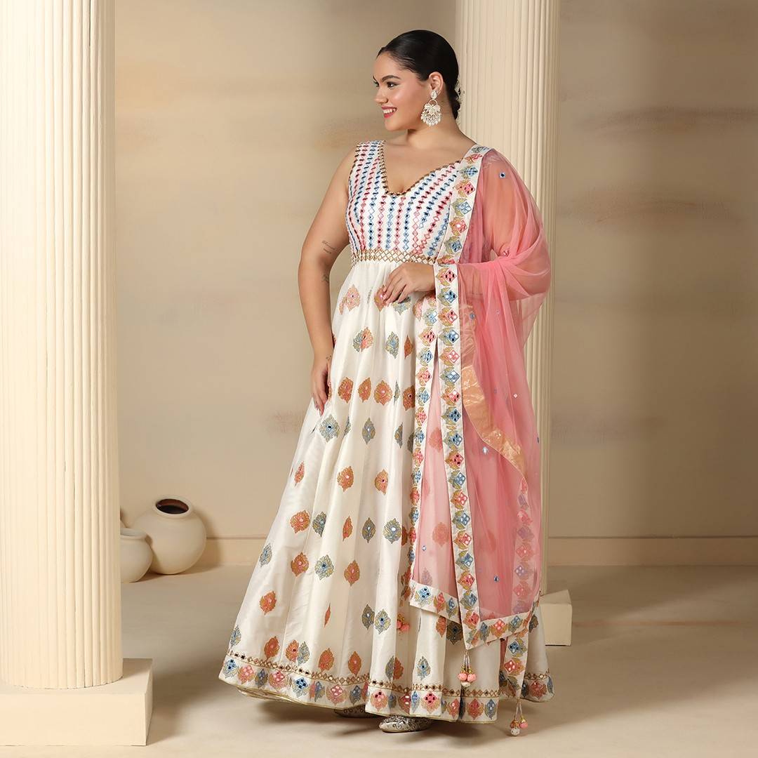 Classic Off White Anarkali with Hand Crafted Resham Aari & Mirror Work
