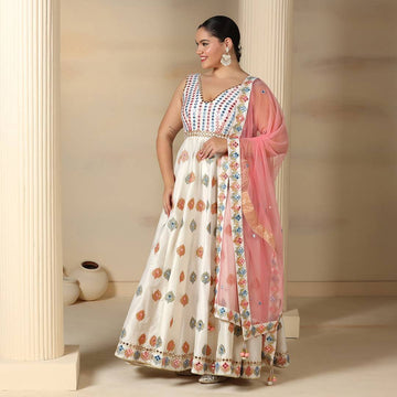 Classic Off White Anarkali with Hand Crafted Resham Aari & Mirror Work