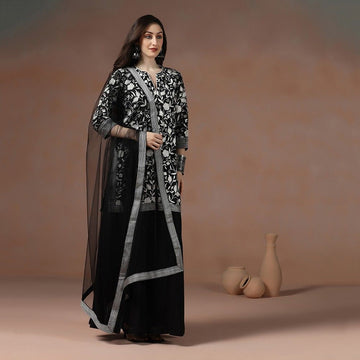 Black Chanderi Aari Embroidered Kurta Sharara Set