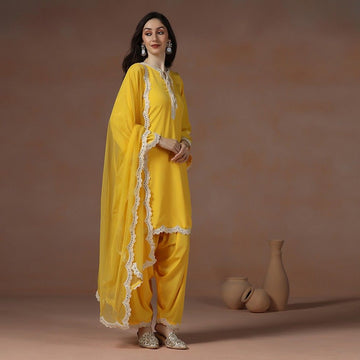 Yellow Crepe Kurta Set Detailed with Lace