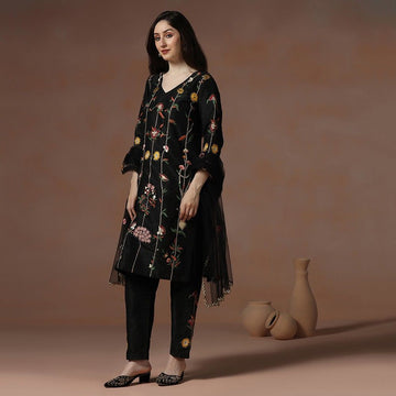 Black Dupion Silk Kurta Set with Intricate Embroidery