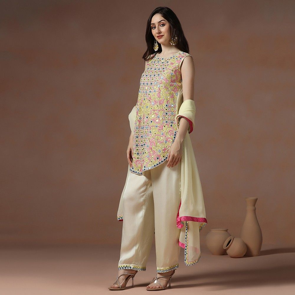 Pastel Yellow Georgette Mirror Work Kurta Set