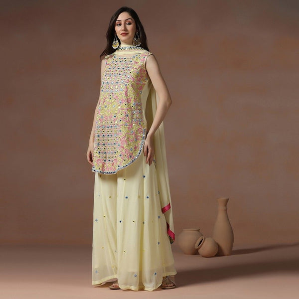 Pastel Yellow Georgette Mirror Work Kurta Sharara Set