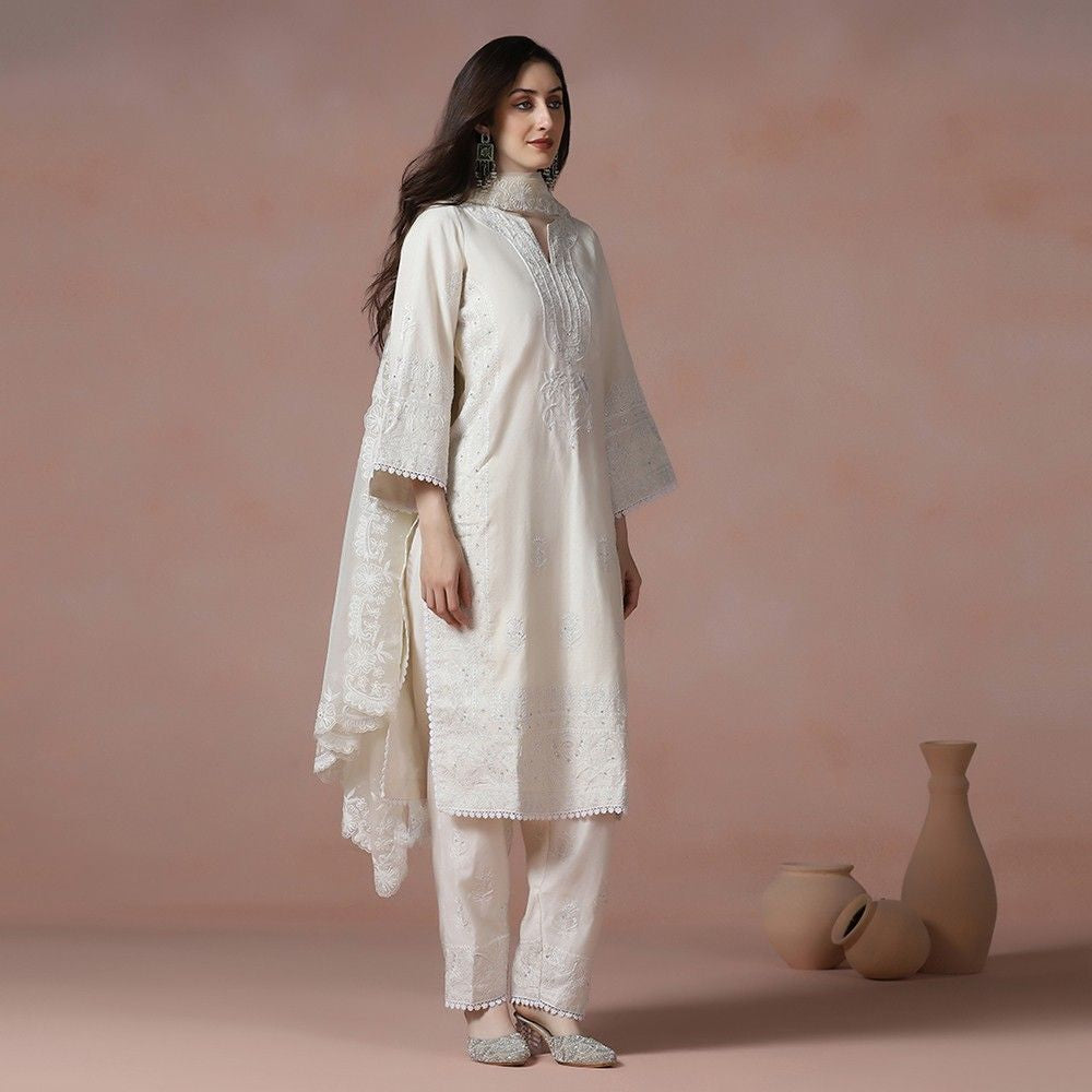 Classic Ivory Chanderi Kurta Set With Fine Thread & Pearl Work