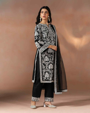 Black Chanderi Kurta Pant Set with Dori Embroidery