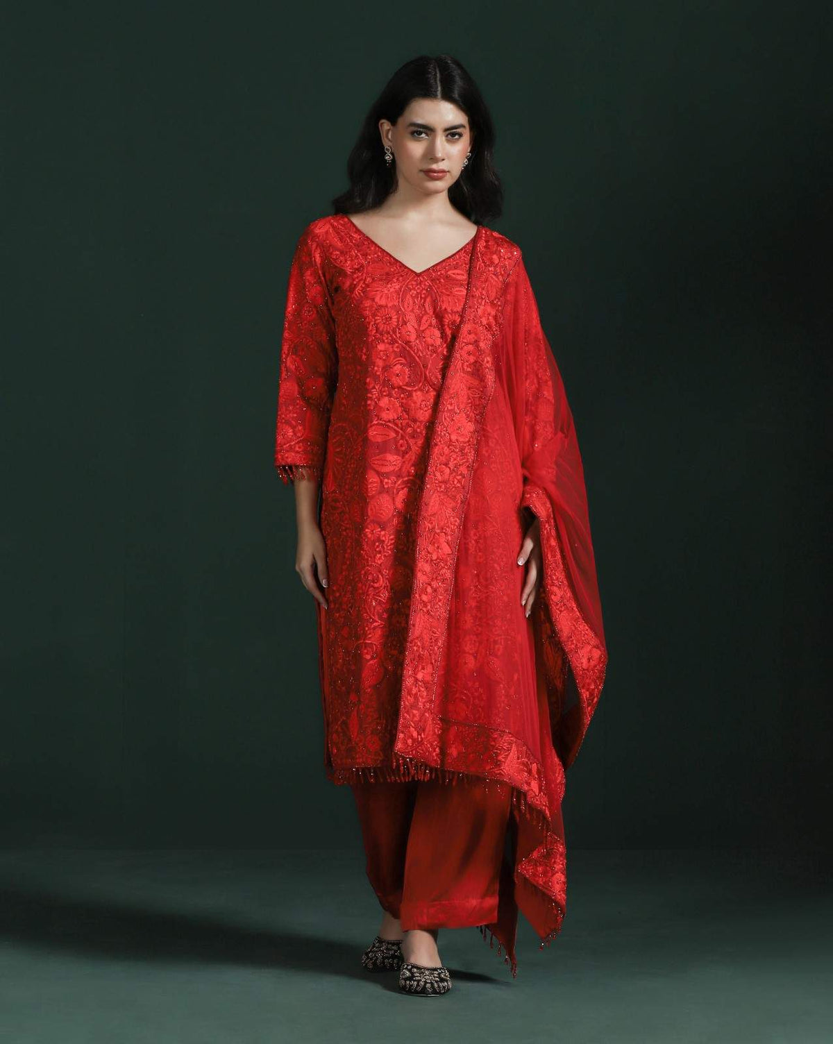 Elegant Red Kurta Set With Tone-on-Tone Thread Embroidery & Tassels