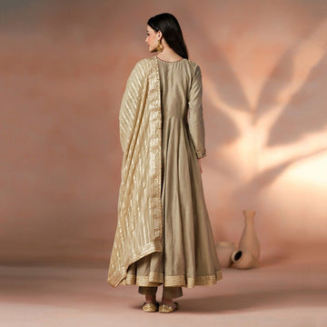 Gold Silk Anarkali with Zari Dupatta