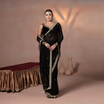 Black Georgette Saree with Gold Mirror Work Embellishments