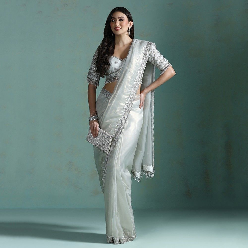 Moon Light Silver Hand Embroidered Silk Saree