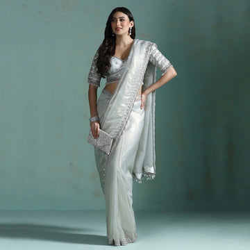 Moon Light Silver Hand Embroidered Silk Saree