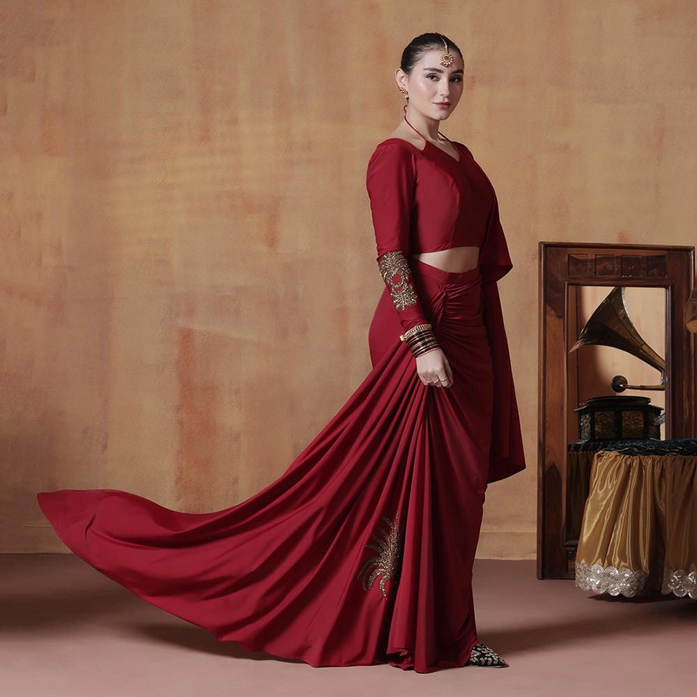 Ruby Red Pre-Draped Designer Saree Set with Blouse