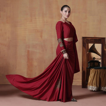 Ruby Red Pre-Draped Designer Saree Set with Blouse