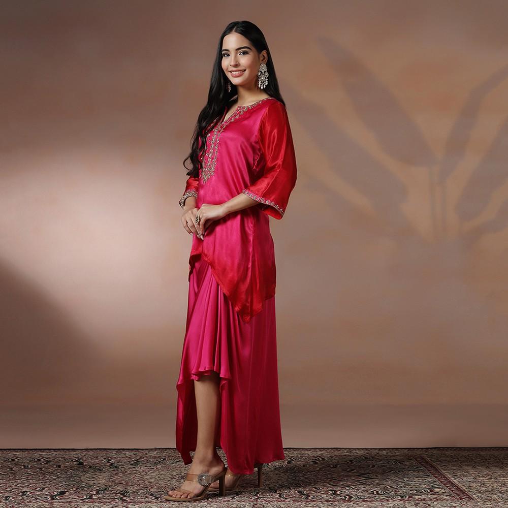 Rani Pink Embroidered Kurta & Drape Skirt Set