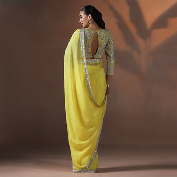 Organza Yellow Saree with Thread & Silver Zari Embroidery Blouse