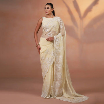 Ecru Organza Thread Work Saree with Embroidered Blouse