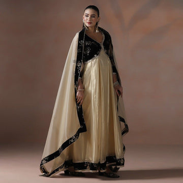 Velvet Deep Maroon & Gold Silk Anarkali Set with Dupatta
