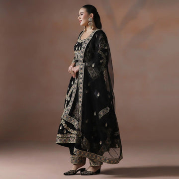 Black Georgette Anarkali Set with Intricate Resham Dori Work & Dupatta