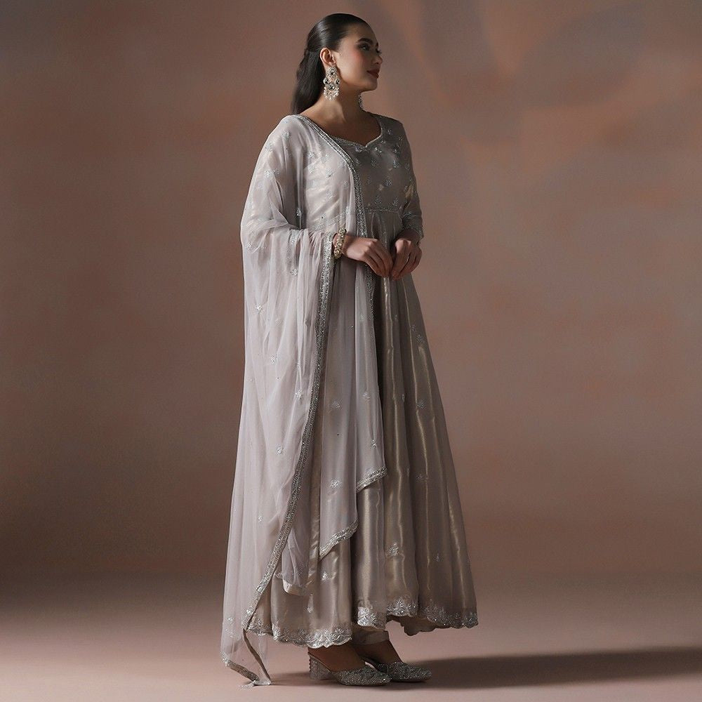 Moon Silver Hand Embroidered Anarkali Set with Dupatta