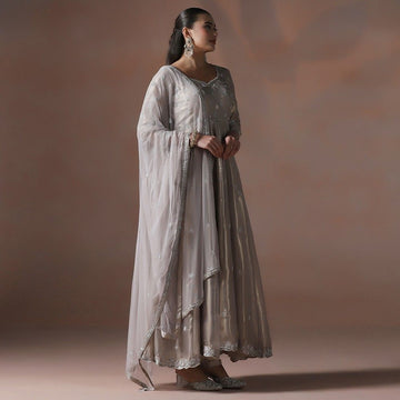 Moon Silver Hand Embroidered Anarkali Set with Dupatta