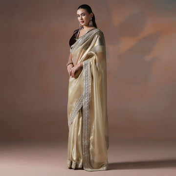 Gold Zari Border Silk Saree with Velvet Embroidered Blouse