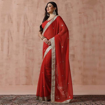 Red Georgette Zari Border Saree