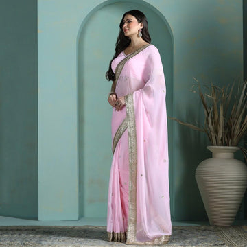 Pink Georgette Zari Border Saree