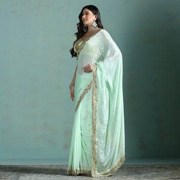 Green Chiffon Gold Hand Embroidered Saree