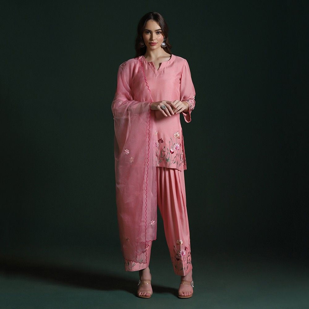 Peach Pink Crepe Embroidered Kurta Set