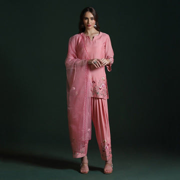 Peach Pink Crepe Embroidered Kurta Set