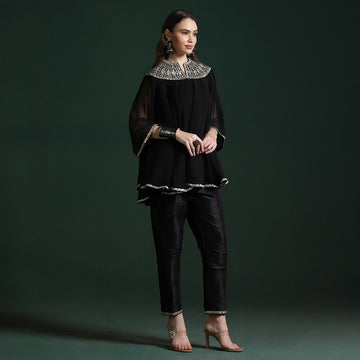 Classic Black Georgette Mirror Work Co-ord Set