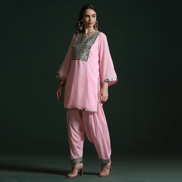 Pink Crepe Mirror Work Co-ord Set