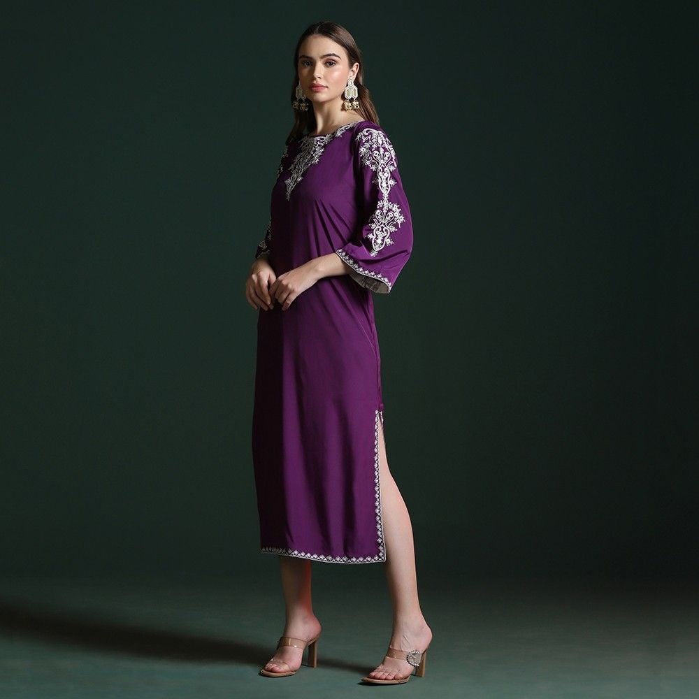 Purple Crepe Slit Kurta with Dori Work
