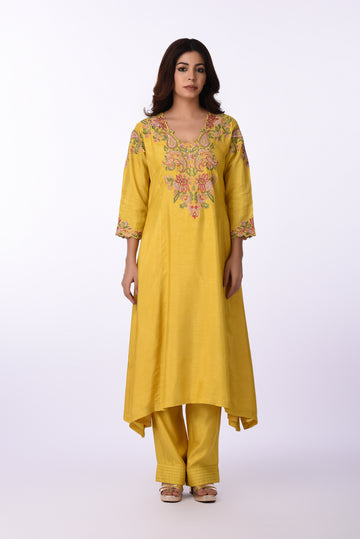 Kurti With Pants Vibrant Yellow Thread Embroidered Kurta Set