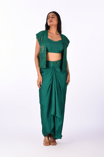 Jacket With Blouse and Drape Saree Elegant Green Jacket Drape Saree