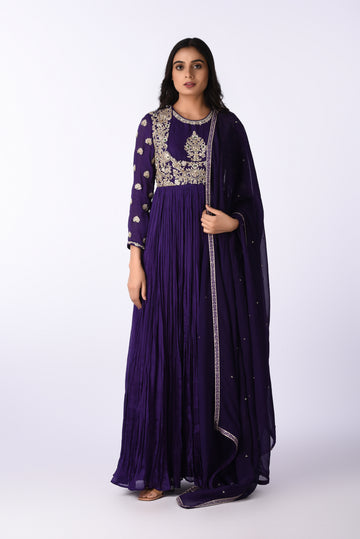 Kurti With Pants Set And Dupatta  Purple Raw Silk Embroidered Kurta Set with Dupatta