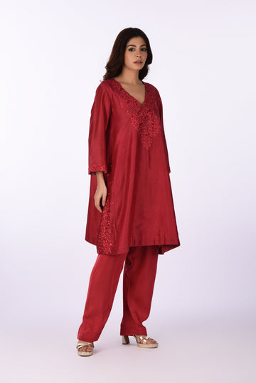 Kurti With Pants Red Embroidered Kurta Set